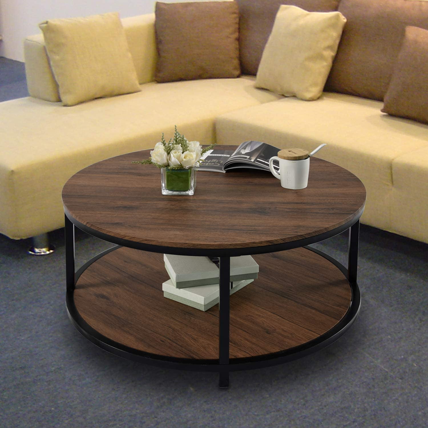 Round Coffee Table Rustic Vintage Industrial Design Furniture Sy Metal Frame Legs Sofa Tail With Storage Open Shelf For Living Room Easy Assembly Brown Com Round Coffee Table Rustic Vintage, Metal And Wood Round Coffee Table With Storage
