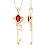 Rosec Jewels Elegant Key Pendant Necklace with Created Ruby and Diamond for Women (0.75 CT), 14K Yellow Gold