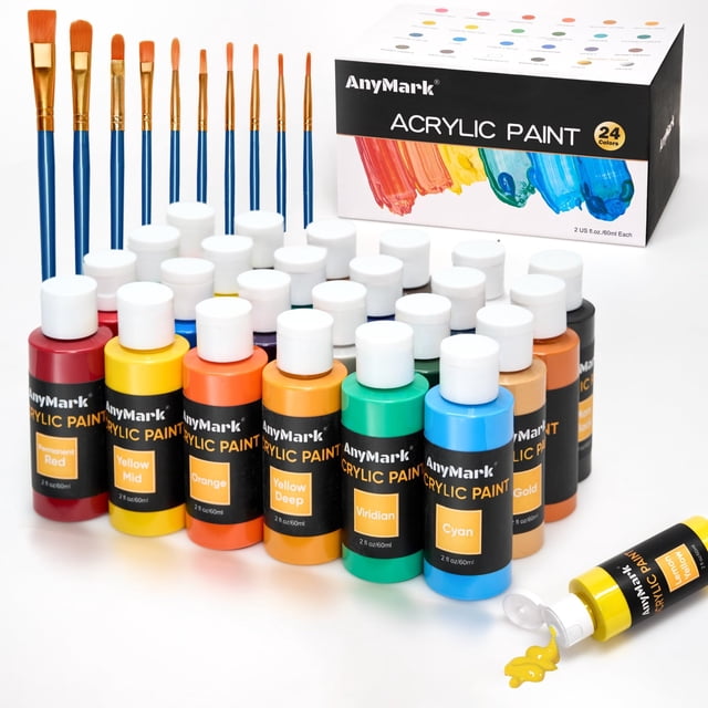 Set de pintura acrílica AnyMark, 24 colores, botellas de 60 ml, 10 pinceles