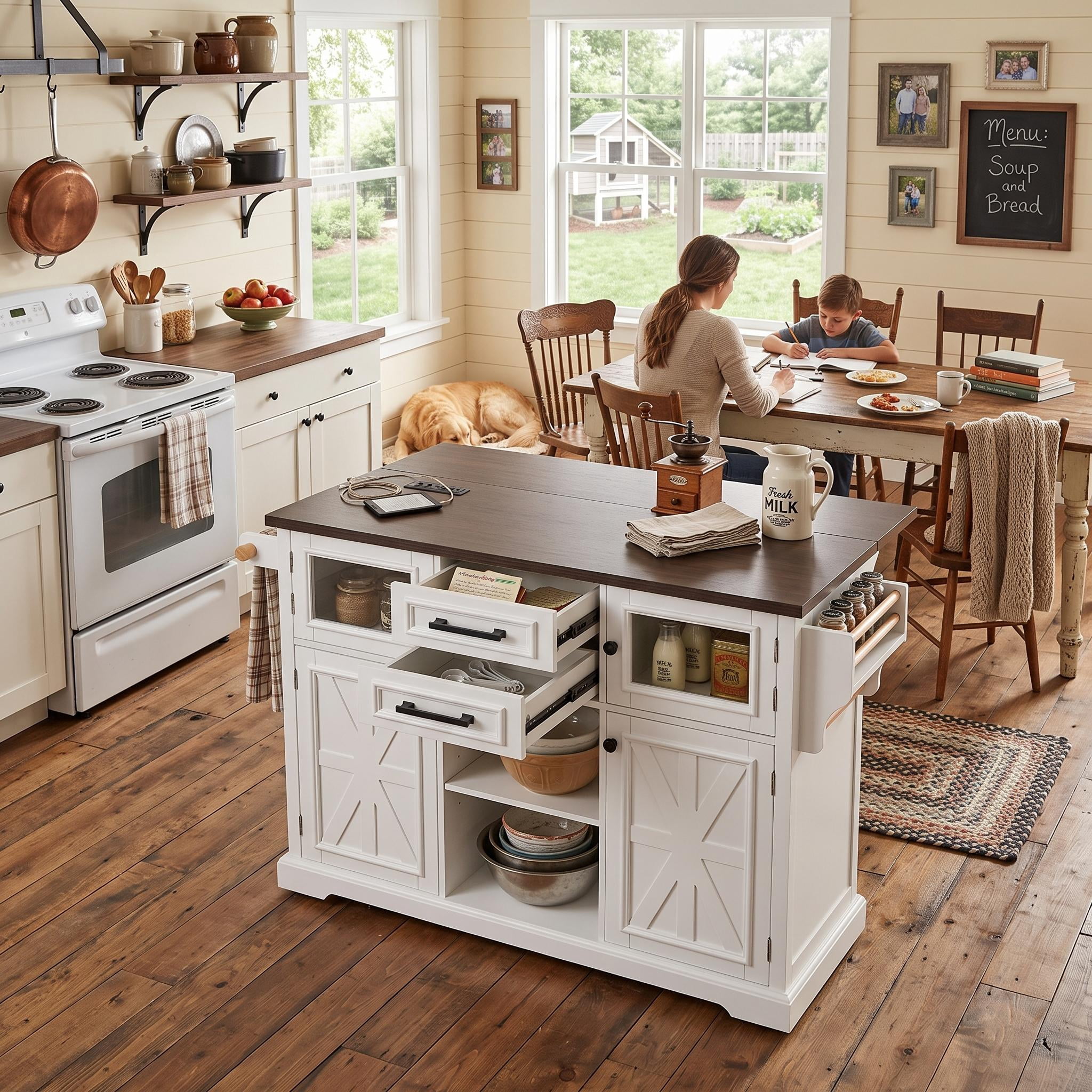 Homy Casa 54.9" Farmhouse Kitchen Island with Drop Leaf, Storage Cabinet, Drawers and Shelves, White