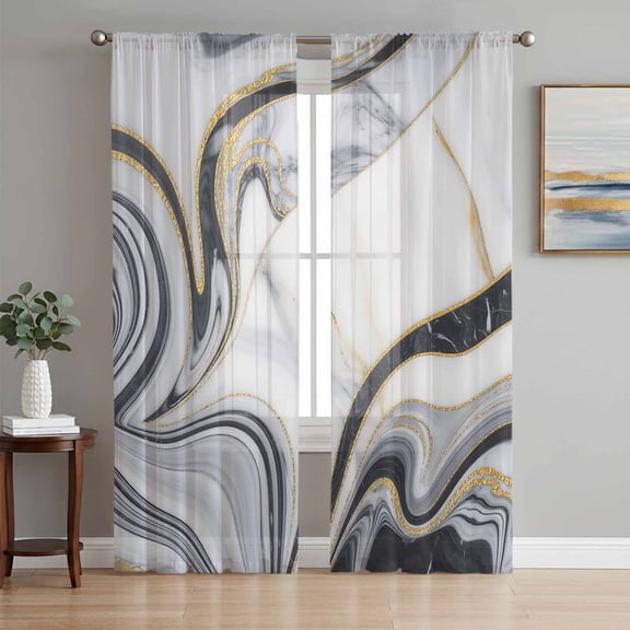 White Grey Marble Sheer Curtains 108 Inch Length 2 Panels Set Window Treatments, Modern Abstract Art Ink Painting Rod Pocket Semi Curtains for Living Room/Bedroom/Kitchen Décor, 104"W x 108"L