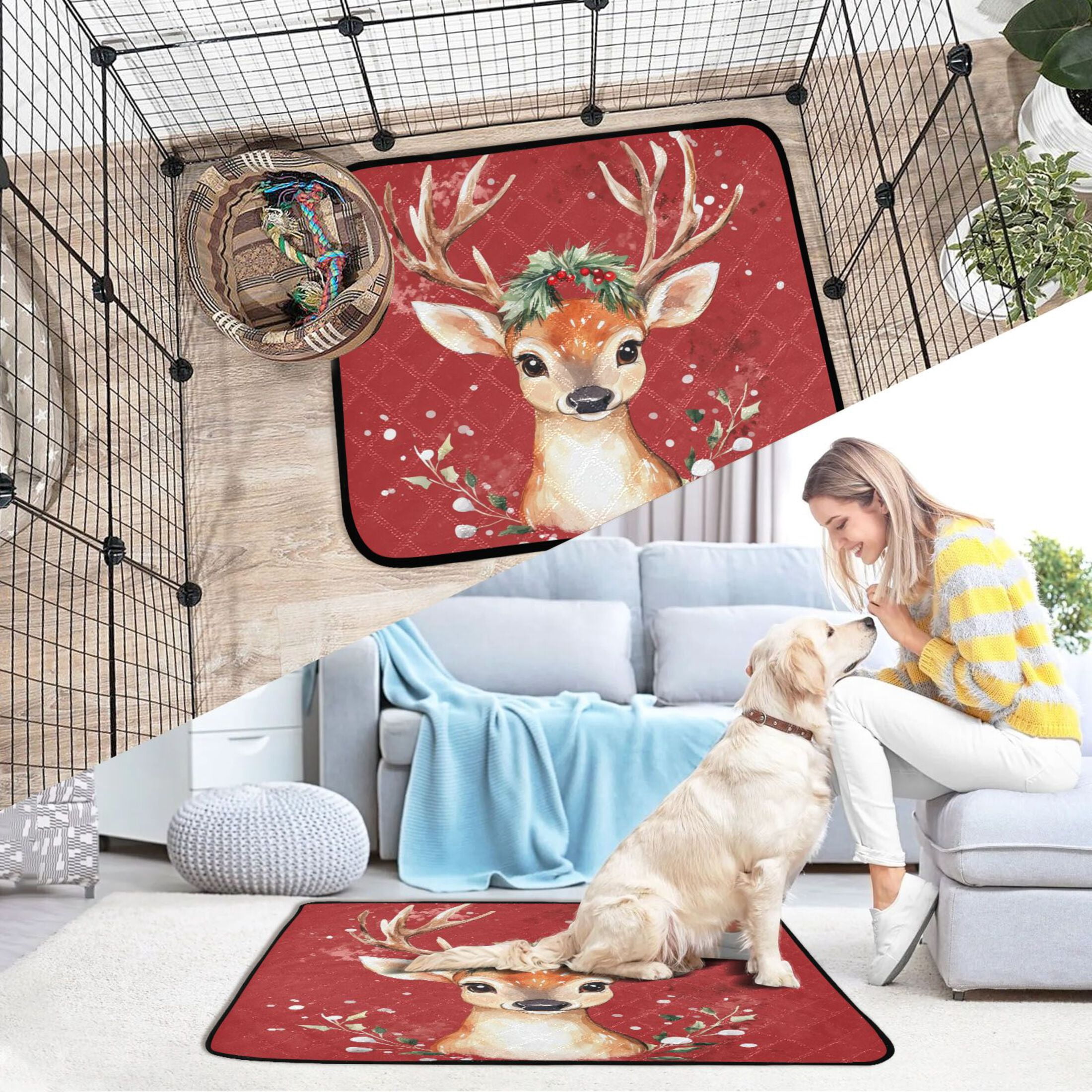 Qxltty Watercolor Painting Of A Cute Deer Cat litter Pads Pet Set of 2 Diaper Mats Center Anti-leakage Layer Absorbent Soft and Comfortable