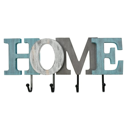 Rustic Wood Home Sign Decor with Hooks, Decorative Hanging Wooden Word Wall Hook Decor Key Holder, Decorative Hanging Hooks 15.55" X 7.24" Home Block Letters Sign Decorative Wall Hooks