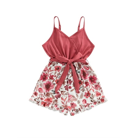 

Sunisery Kids Little Girls Summer Short Romper Floral Print Sleeveless Ruffled Wide Leg Jumpsuit with Belt Red 6-7 Years