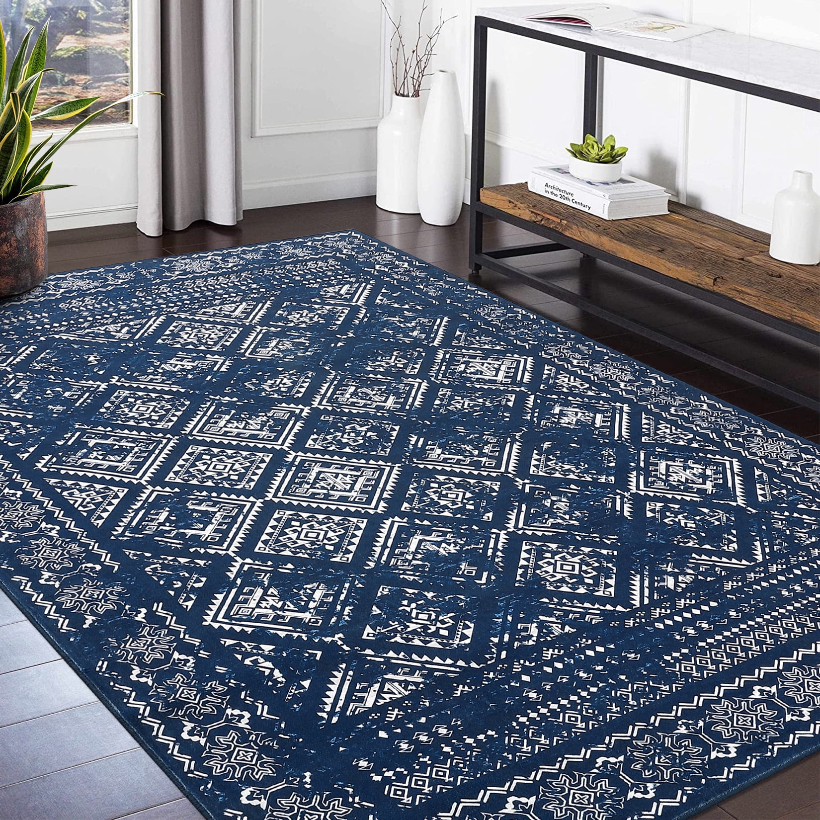 HOMERRY Area Rug 5' x 7' Modern Moroccan Distressed Area Rug for Dining Room Washable Soft Indoor Floor Carpet, Navy
