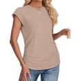 thumbnail image 3 of Womens Summer Tops Ruched Cap Short Sleeve Tshirts Shirts Crew Neck T Shirts Fashion Khaki S, 3 of 7