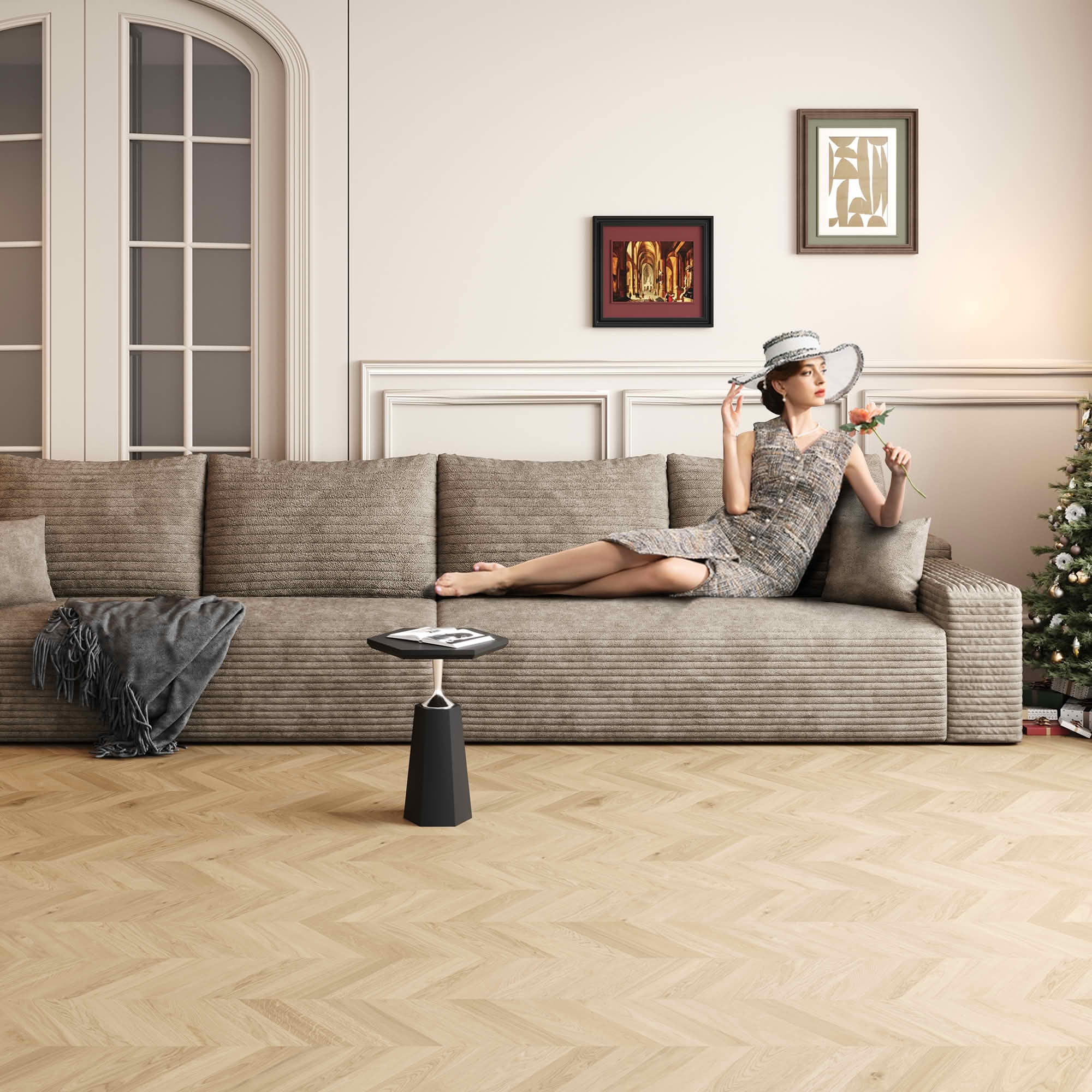 MAYEERTY 140" Cloud Sectional Couch, Deep Seat Modular Sofa, Plush Corduroy Fabric, No Assembly Required, Camel