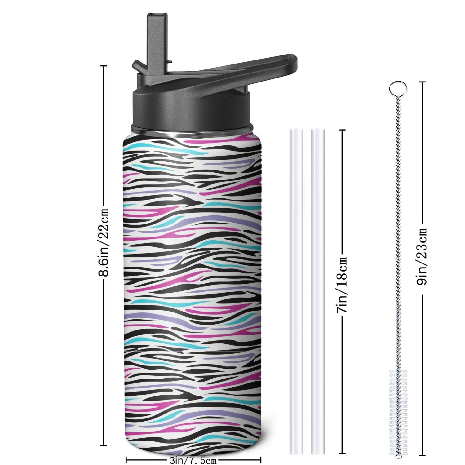 Leopard Print Insulated Stainless Steel Water Bottle with Straw & Cleaning Brush – 18 Oz | Leakproof, BPA-Free, 304 Stainless Steel, Wide Mouth, Travel Mug for Car, Gym, Office