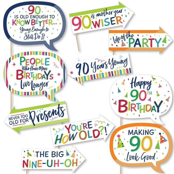 Big Dot of Happiness Funny 90th Birthday - Cheerful Happy Birthday - Colorful Ninetieth Birthday Party Photo Booth Props Kit - 10 Piece