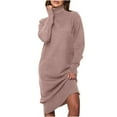 thumbnail image 2 of Winter Womens Dresses Fashionable Comfortable Casual Knitted Long Sleeved High Neck Solid Color Curvy Wrap Bump Friendly Mid Length Dress Khaki S-XL, 2 of 3