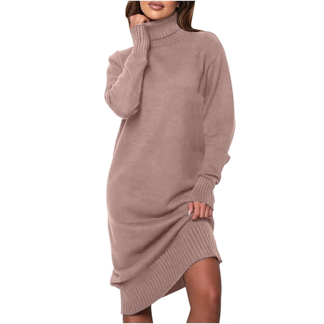 cfhntfmh Robes Chandails pour Femmes Tricot Doux Col Montant Manches Longues Robe Chandail Fête Décontractée Couleur Unie Robe Mini