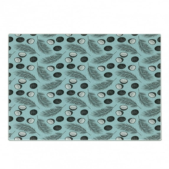 Palm Leaf Cutting Board, Hawaiian Tropical Pattern with Coconuts and Palm Tree Branches Illustration, Decorative Tempered Glass Cutting and Serving Board, Small Size, Aqua Black White, by Ambesonne