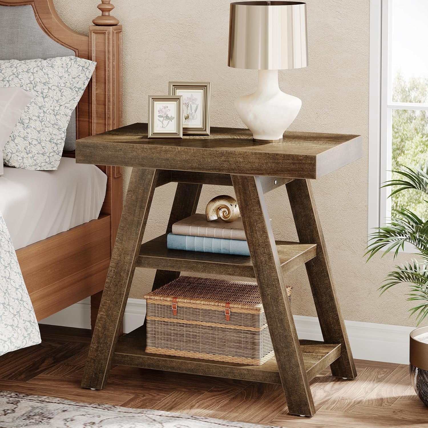 Tribesigns End Table for Living Room, 3-Tier Narrow Wood Farmhouse Sofa Side Table with Storage Shelf, Vintage Heavy-Duty Bedside Table for Bedroom, Rustic Brown