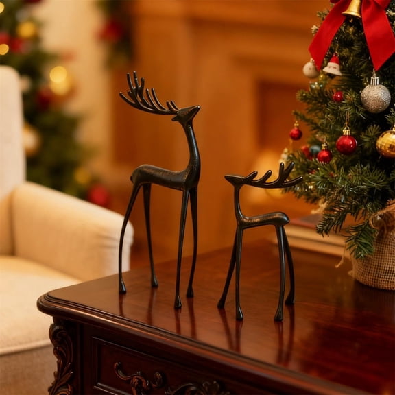 Sziqiqi Set of 2 Black Metal Reindeer Sculptures: Modern Minimalist Deer Figurines for Christmas Home Decor Cast Iron Statues for Mantel Shelf Table Centerpiece Vintage Gothic Holiday Ornament