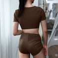 thumbnail image 3 of IYYVV Womens High Waisted Bikini Sets Short Sleeve V Neck Two Piece Swimsuit Ruched Side Tie Bathing Suit Brown L, 3 of 7