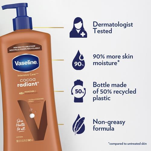 Vaseline Intensive Care Body Lotion Cocoa Radiant For Dry Skin Lotion Made With Ultra-Hydrating Lipids And Pure Cocoa Butter For A Long-Lasting, Radiant Glow 32 Oz - Pack of 2