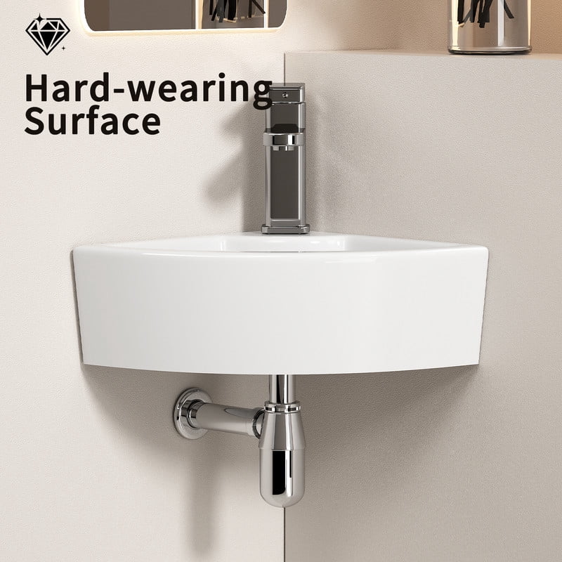 TICOZE Triangle Corner Wall Mounted Ceramic Vessel Sink, Space Saving Bathroom Sink Vanity Sink, White Gloss Ceramic Sink for Small Bathroom Powder Room