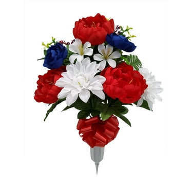Mainstays 20.5in Outdoor Artificial Peony Flowers in Vase, Red, White and Blue Color.