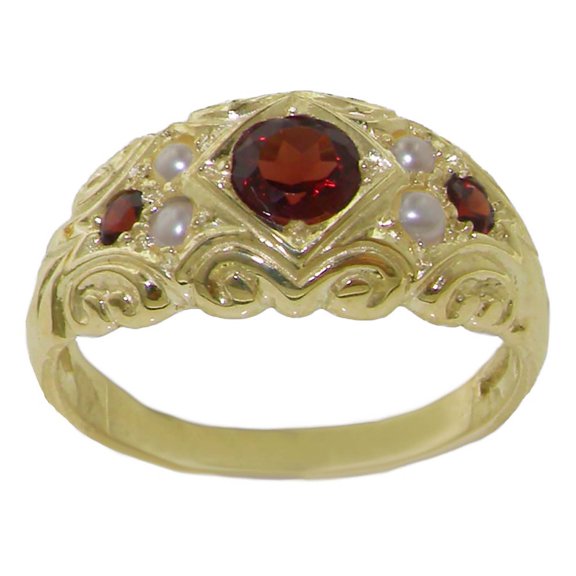 LBG 14k Yellow Gold Cultured Pearl and Real Genuine Garnet Womens Band Ring - Size 10