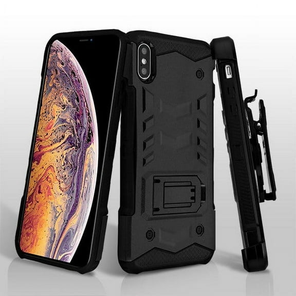Apple iPhone XS Max (6.5 inch) (2018 Model) Phone Case Hybrid Armor Rugged TPU Rubber Dual Layer Hard Protective Cover Swivel Clip Holster BLACK Case Kickstand for Apple iPhone XS Max (6.5")
