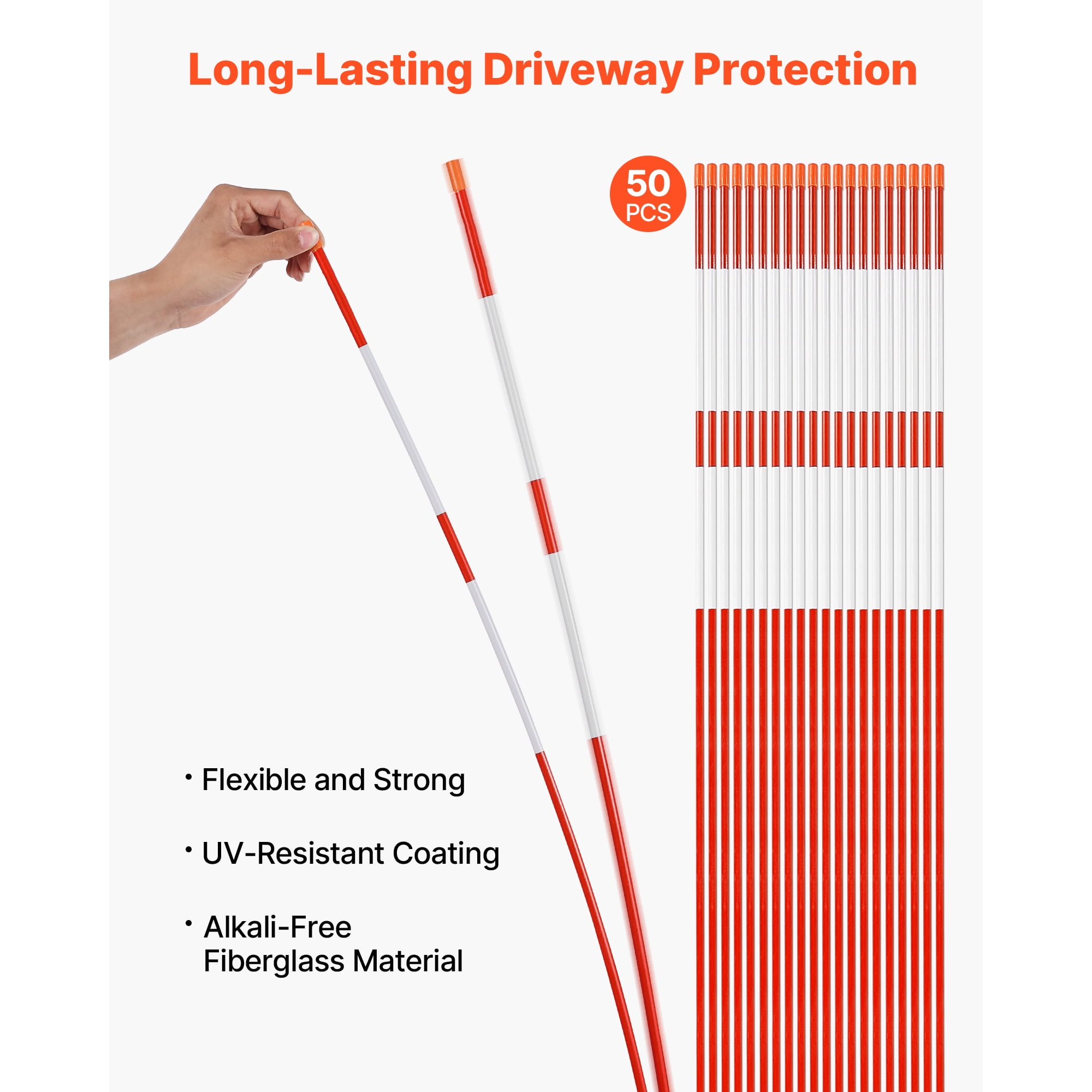 KFFKFF Driveway Markers, Set of 50, 60-Inch Length, 5/16-Inch Diameter, High-Visibility Reflective Poles with 12-Inch Steel Drill Bits, Fiberglass Snow Sticks for Parking Areas, Walkways