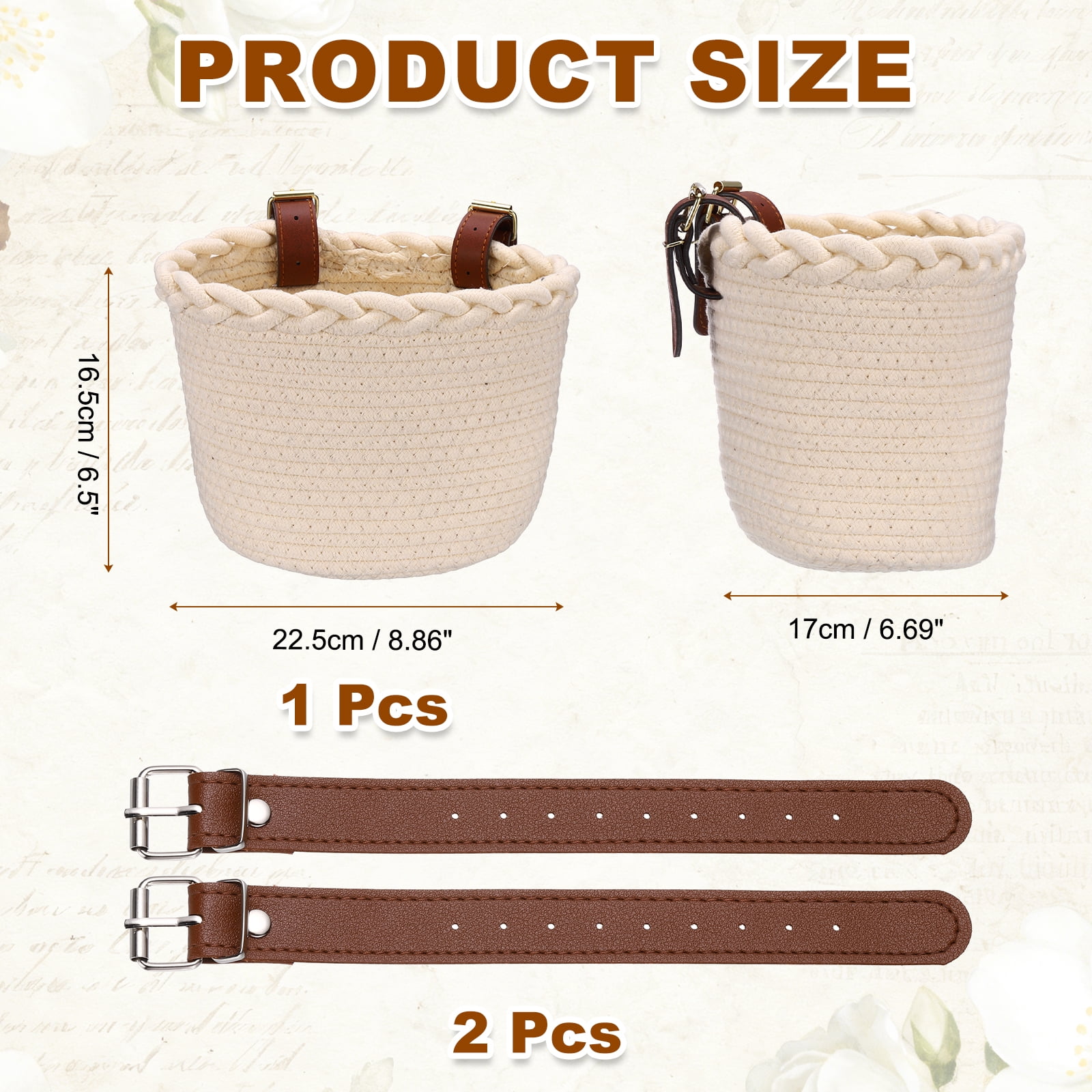 Uxcell Bike Basket, Cotton Rope Bicycle Basket Adjustable Front Baskets with 2 Leather Belt Buckles Unisex Strong Load 8.8 x 6.7 x 6.5" & Beige-Fitting For(Bikes/Tricycle/Scooters)
