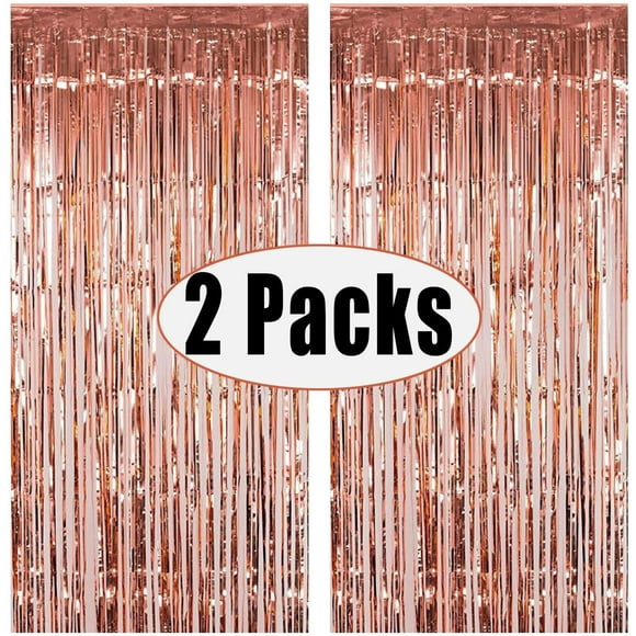 Fecedy 2pcs 3ft x 8.3ft Rose Gold Metallic Tinsel Foil Fringe Curtains Photo Booth Props for Birthday Wedding