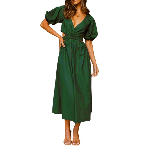 TRKIYQC Vestido de cintura ceñida para mujer, falda hasta los tobillos con mangas cortas abullonadas y escote en V profundo de color sólido, S/M/L/XL TRKIYQC moda