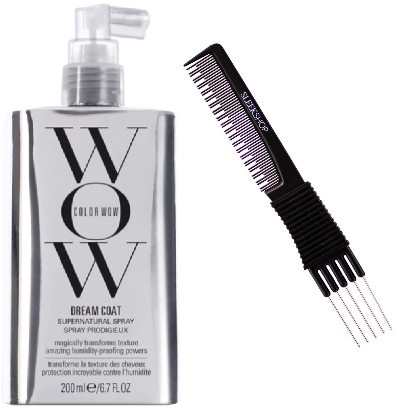 6.7 oz , Color WOW Colorwow DREAM COAT Supernatural Spray, Magically  Transforms Hair Texture, Anti-Frizz Humidity Proofing - Pack of 2 w/  SLEEKSHOP Teasing Comb 