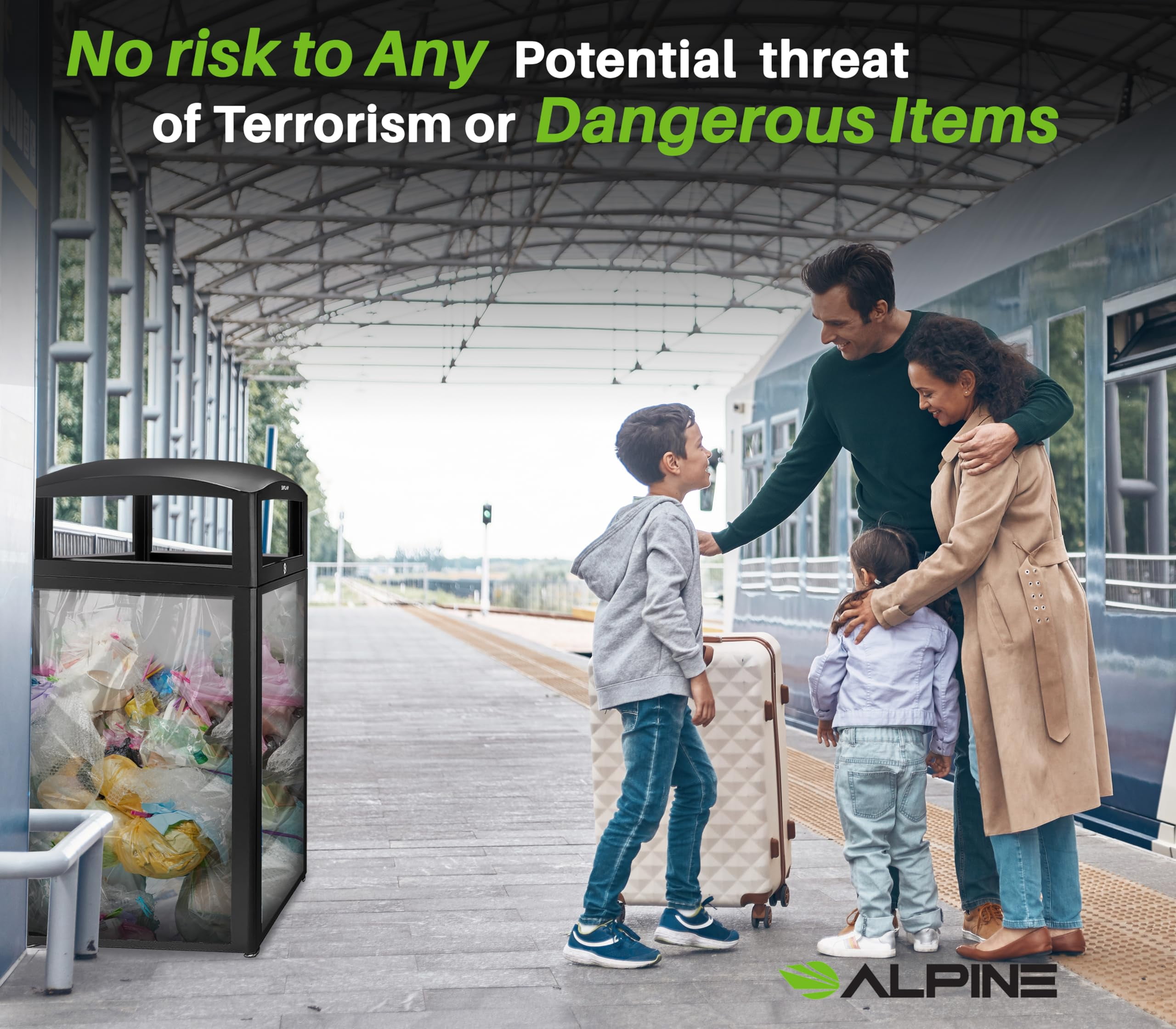 Alpine 40 Gallon Commercial Clear Trash Can with Lid for Outdoor & Indoor - DHS Complaint See Through Security Trash Bin, Transparent Garbage Bin for TSA in Airpot, Train Station, Bus Station, Mall