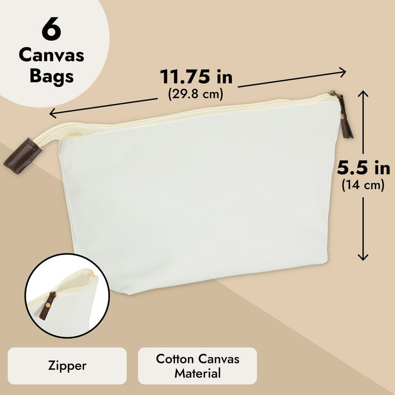 6 Pack Canvas Makeup Bags with Zipper for Cosmetics, Toiletries, DIY Crafts  (White, 11.75 x 5.5) 
