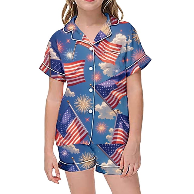 Ensemble de Pyjama Mode pour Enfants Imprimé Jour de l'Indépendance Bouton Bas Col Rabattu Manches Courtes Shorts