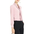 thumbnail image 5 of MODA NOVA Junior's Solid Long Sleeve Pleated Tie Neck Shirt Pink XS, 5 of 6