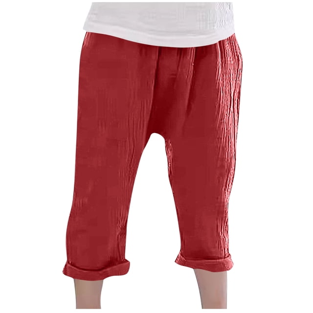 Odeerbi 1-11 Años Niños Niñas Algodón Lino Pantalones Recortados Verano Color Sólido Drop Crotch Pantalones Arrugados Pantalones Transpirable Ligero