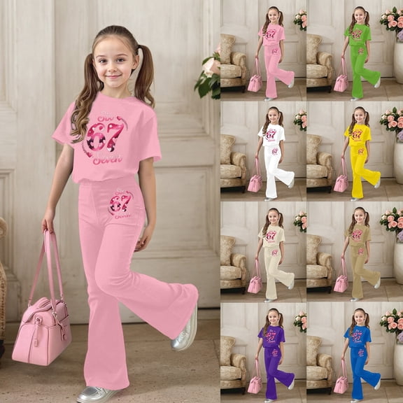 Gaexia Two Piece Sets for Girls,Girls Summer Casual Outfit Short Sleeve Top and Pants With 67 Print Playful Two Piece Comfy Daily Wear Fashion Clothes,11-12 Years