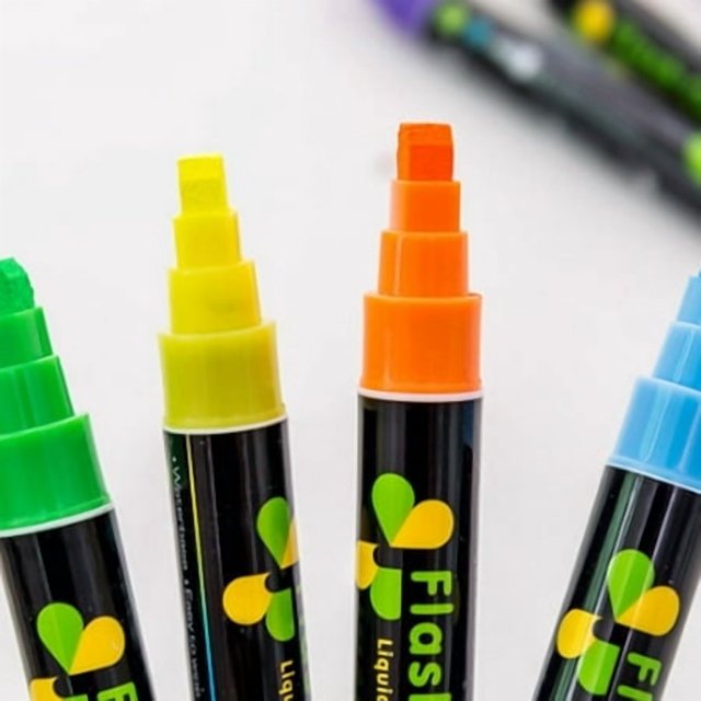 8pcs Liquid Chalk Erasable Fluorescent Marker Pen set with vibrant multicolour chisel-tip pens, including green, yellow, orange, and blue. Designed for whiteboards, LED chalkboards, and art projects, these non-toxic, eco-friendly markers are ideal for menu boards, car windows, and schoolwork.