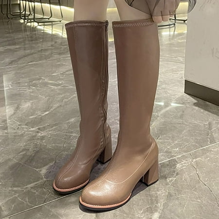 

〖Yilirongyumm〗 Coffee 41 High Heels For Women Fashion Autumn Women Knee Boots Thick Heel Middle Heel Round Toe Comfortable Back Zipper Simple Style