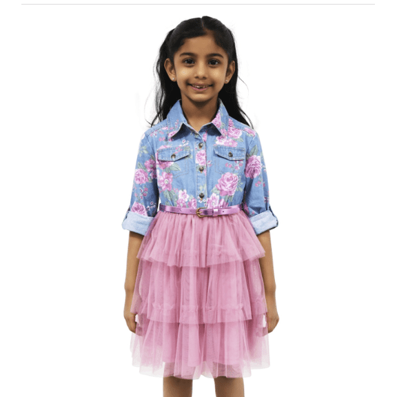 Pink & Violet Toddler & Little Girls Floral-Print Denim Tutu Dress - Blue/rose
