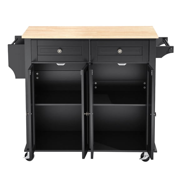 KFFKFF Mobile Kitchen Island Cart with Storage, 43.58 in Wide Rolling Cabinet on Swivel Wheels, Featuring 2 Drawers, Drop Leaf, Spice/Towel Rack, and Table for Home or Dining Room, Black