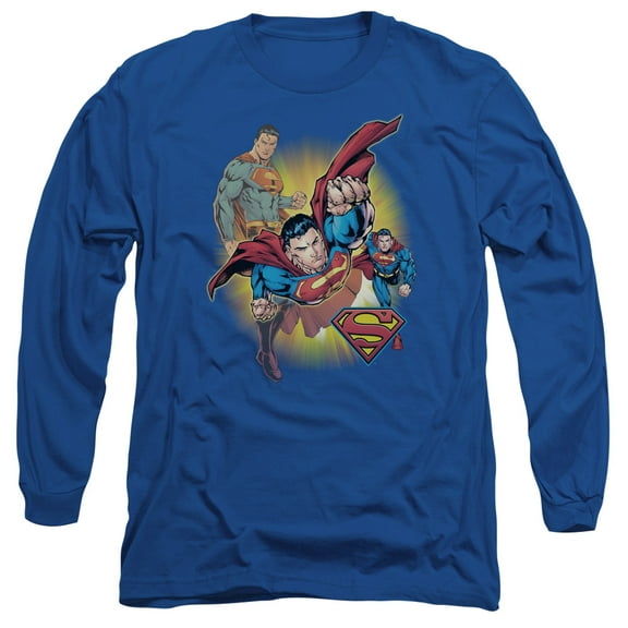JLA Justice League Superman Collage  Long Sleeve Adult 18/1 T-Shirt Royal Blue