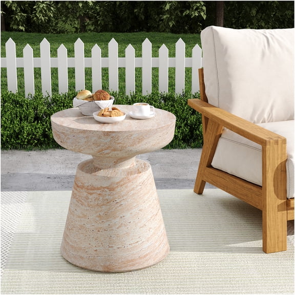 JERFIT Lightweight Concrete Side Table Indoor Outdoor, Beige Travertine Finish Accent Table for Patio, Garden, Living Room