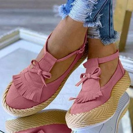 

NEGJ Womens Bowknot Tassel Round Toe Flat Pumps Thick Bottom Buckle Casual Beach Shoe