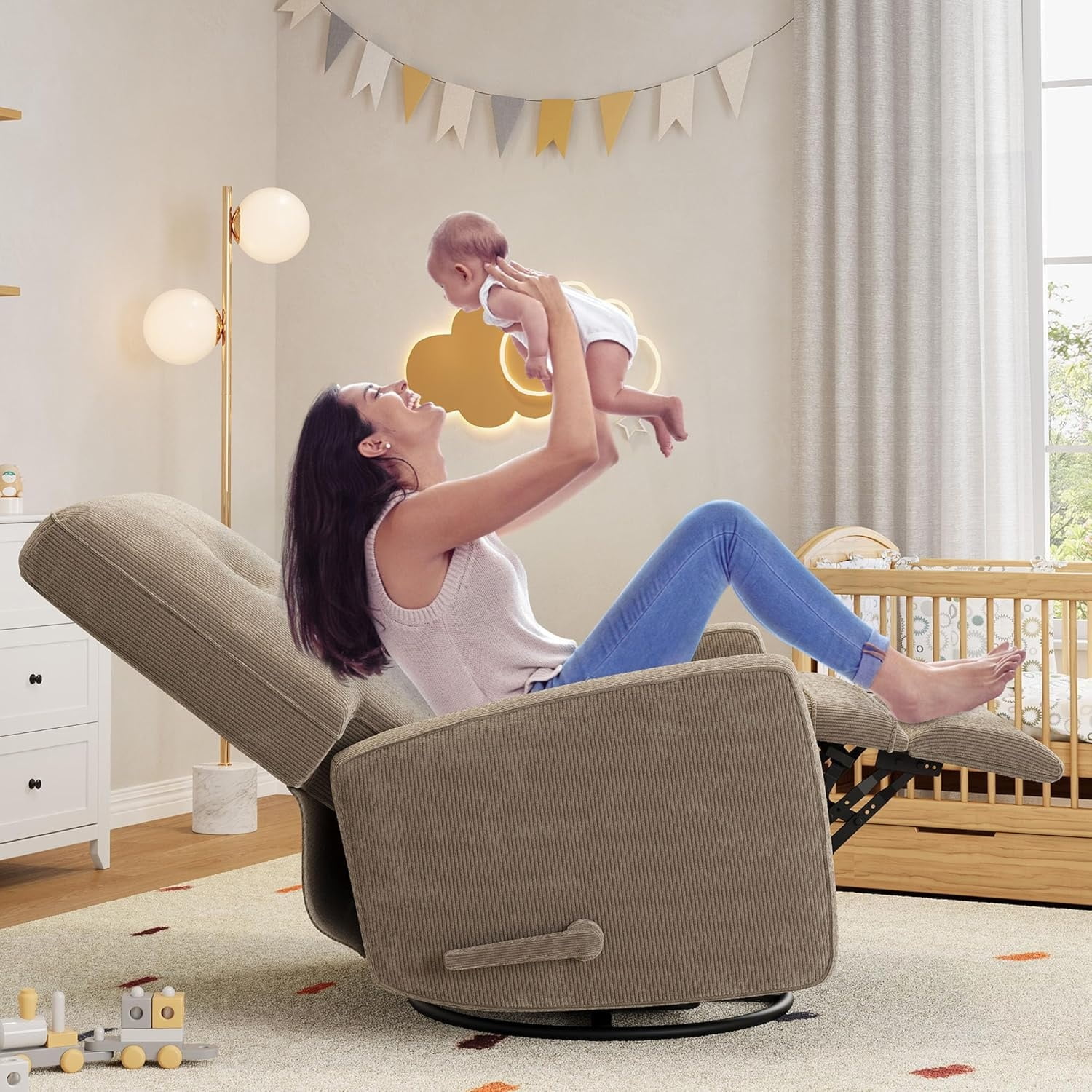 Modern Swivel Glider Recliner for Nursery & Small Spaces 360° Rocking Chair with Adjustable Lumbar Support & Footrest | Corduroy Upholstery for Apartment Living Room & Bedroom