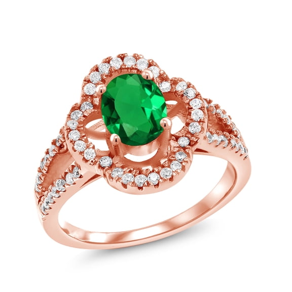 Gem Stone King 1.12 Ct Oval Green Nano Emerald 18K Rose Gold Plated Silver Ring (Size 5)