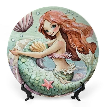 

RUIYC Mermaid Fish Shell Bone China Decorative Plates Vertical Stand for Home Club Bedroom Living Room Office 6x6inch