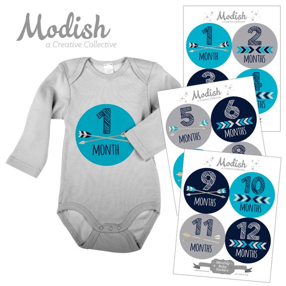 Modish Monthly Baby Stickers, Boy, Tribal, Arrows, Chevron, Aqua, Navy Blue, Gray, Baby Photo Prop, Baby Shower Gift, Baby Book Keepsake