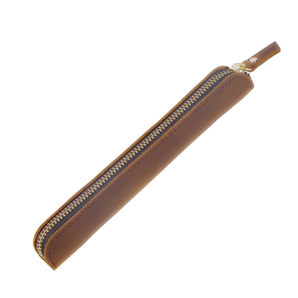 Genuine Leather Zipper Pen Pouch Holder Pencil Bag Pen Case for Rollerball Fountain Ballpoint Pen (Yellow Brown)