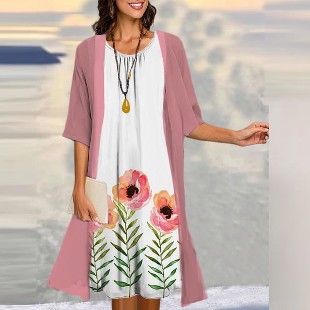 2023 Fashion O Neck 5XL Printed Two-Piece Sets Elegant Women Print Seven-Point Sleeve Tops Dress New Spring Summer Suit Dresses4XL Gao Jinjia LED