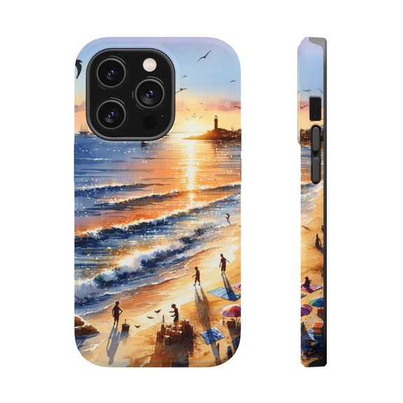DistinctInk Tough Case for Apple iPhone 15 PRO (6.1" Screen), Compatible with MagSafe Charging - "Serene Sunset: A Vibrant Beachscape Painting"