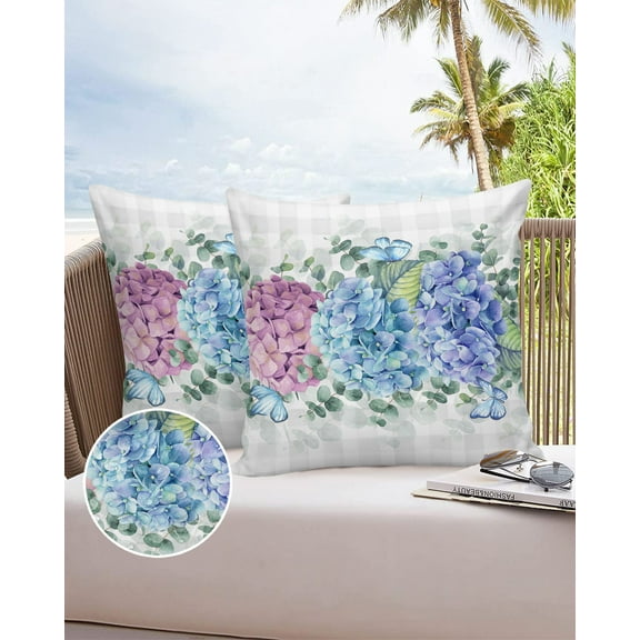 Outdoor Throw Pillow Cover Hydrangea Flower Butterfly Leaf Waterproof Cushion Covers 2 Pack Watercolor Floral on Gray Grid Pillow Cases Home Decoration for Patio Garden Couch Sofa